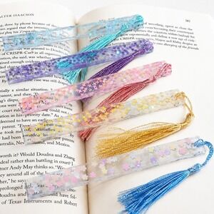 Handmade Resin Bookmarks Set of 5 Glitter Star Flower Tassel Pastel Whimsical